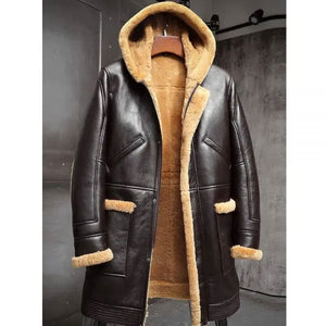 Men's RAF Hooded Shearling Fur Sheepskin Leather Long Jacket Winter Coats