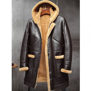 Men's RAF Hooded Shearling Fur Sheepskin Leather Long Jacket Winter Coats