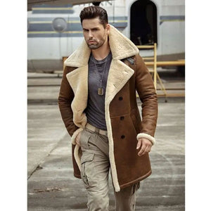 Men’s Flight Sheepskin Shearling Aviator Leather Trench Coat