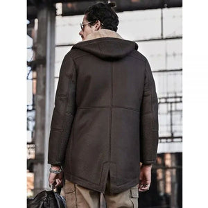 Men’s Hooded Shearling Leather Long Trench Coat
