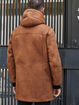 Brown Sheepskin Shearling Fur Hooded Winter Overcoat Leather Jacket