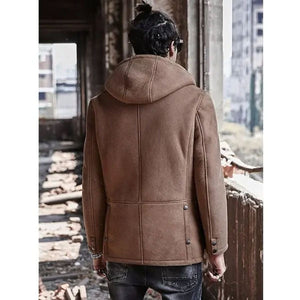 Men’s Shearling Hooded Suede Leather Bomber Long Jacket Trench Coat