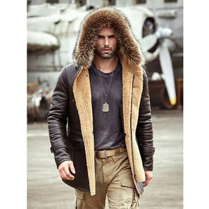 Men’s Bomber Hooded Mink Fur Shearling Leather Long Jacket Coat