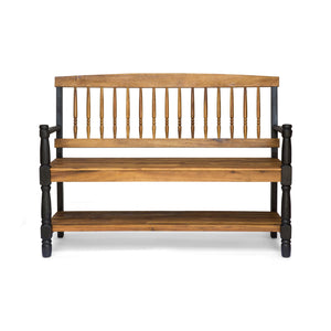 Slatted Bench with Built-In Shelf - Farmhouse Outdoor Seating - Dark Gray or Light Brown