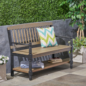 Slatted Bench with Built-In Shelf - Farmhouse Outdoor Seating - Dark Gray or Light Brown