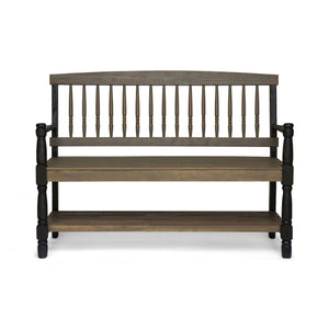 Slatted Bench with Built-In Shelf - Farmhouse Outdoor Seating - Dark Gray or Light Brown