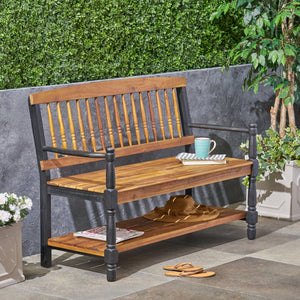 Slatted Bench with Built-In Shelf - Farmhouse Outdoor Seating - Dark Gray or Light Brown
