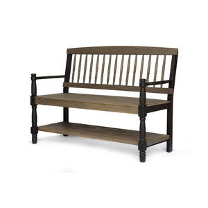 Slatted Bench with Built-In Shelf - Farmhouse Outdoor Seating - Dark Gray or Light Brown