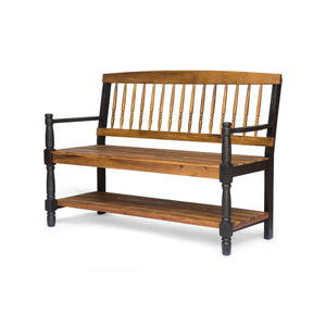 Slatted Bench with Built-In Shelf - Farmhouse Outdoor Seating - Dark Gray or Light Brown