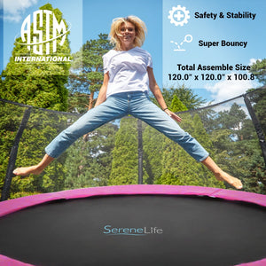 SereneLife 10 Foot Outdoor Trampoline and Safety Net Enclosure for Kids, Pink