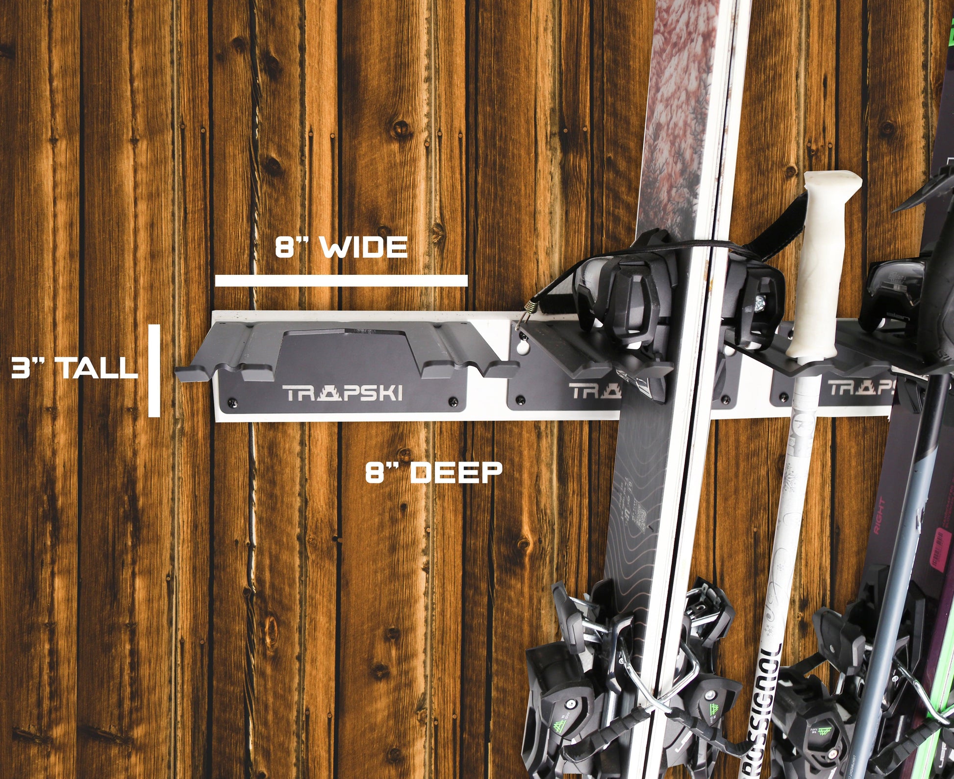 TRAPAWAY Wall Rack | Holds Skis or Snowboard by Bindings | Garage Organizer for Yard Tools, Gear & Equipment | Aluminum | No Moving Parts to break or pinch | Made in the USA - TRAPSKI, LLC