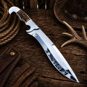 Stag Handle Hunting Bowie Knife – 17" D2 Steel Blade & Leather Sheath