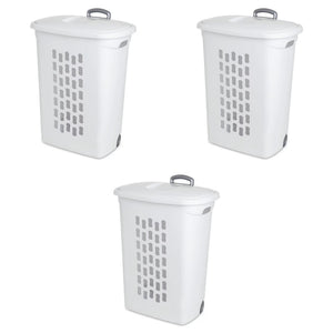 Sterilite Laundry Hamper Flip Top Lid Retractable Pull Handle Wheels, (3 Pack)