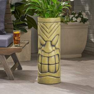Stone Statue Urn Planter with Tiki Face Design - Antique Green