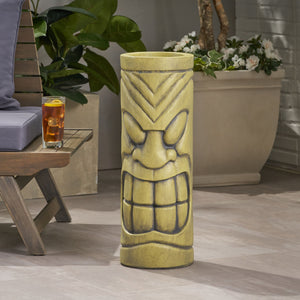 Stone Statue Urn Planter with Tiki Face Design - Antique Green