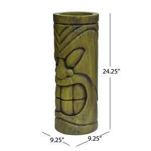 Stone Statue Urn Planter with Tiki Face Design - Antique Green