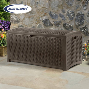 Suncast 99 Gallon Deck Garden Garage Home Wicker Resin Pool Box, Mocha (3 Pack)