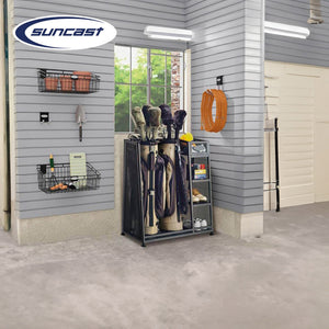 Suncast GO3216D Metal Golf Equipment Organizer Storage Rack w/ 3 Shelves, Black