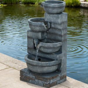 Tall Garden Fountain with 4-Tier Waterfall and LED Lights - Grey