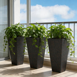 Tall Marble Look Flower Planters with Drainage - Set of 3