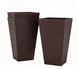 Tall Rattan-Style Outdoor Flower Plant Pots with Drainage Holes - Brown, Set of 3