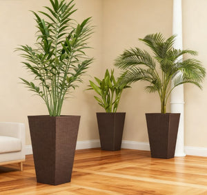 Tall Rattan-Style Outdoor Flower Plant Pots with Drainage Holes - Brown, Set of 3