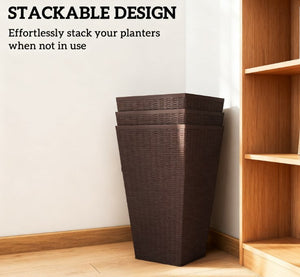 Tall Rattan-Style Outdoor Flower Plant Pots with Drainage Holes - Brown, Set of 3