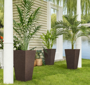 Tall Rattan-Style Outdoor Flower Plant Pots with Drainage Holes - Brown, Set of 3