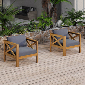 Teak-Finished Patio Conversation Set with Foldable Acacia Table and Cushioned Armchairs