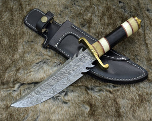 Damascus Bowie Knife with Bone & Horn Handle