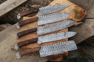 The Black Rose | Damascus 5 Piece Chef Knife Set & Leather Roll
