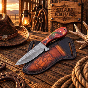 The Doc Holliday Damascus Ranch Working Knife – Resin Handle & Sheath