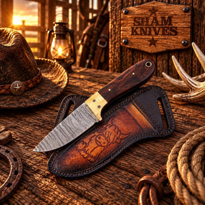 The Wrangler Damascus Steel Skinning Knife – Wood Handle & Back-Belt Leather Sheath