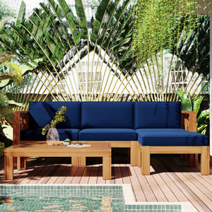 Outdoor Wood Sectional Patio Sofa Set with Blue Cushions - 5-Piece
