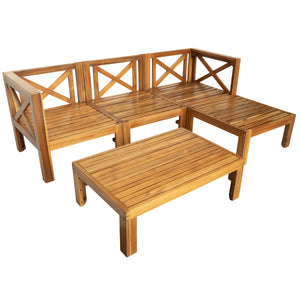 Outdoor Wood Sectional Patio Sofa Set with Blue Cushions - 5-Piece