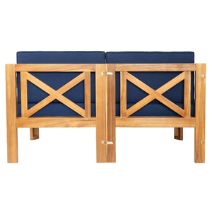 Outdoor Wood Sectional Patio Sofa Set with Blue Cushions - 5-Piece