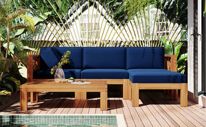 Outdoor Wood Sectional Patio Sofa Set with Blue Cushions - 5-Piece