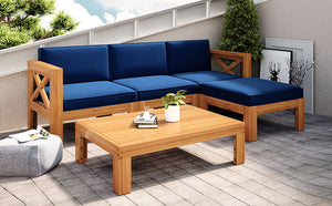 Outdoor Wood Sectional Patio Sofa Set with Blue Cushions - 5-Piece