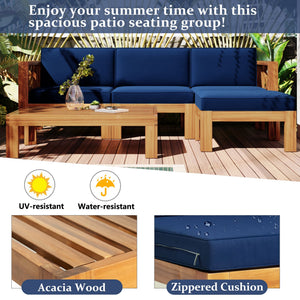 Outdoor Wood Sectional Patio Sofa Set with Blue Cushions - 5-Piece
