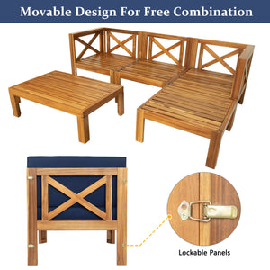 Outdoor Wood Sectional Patio Sofa Set with Blue Cushions - 5-Piece