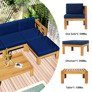 Outdoor Wood Sectional Patio Sofa Set with Blue Cushions - 5-Piece