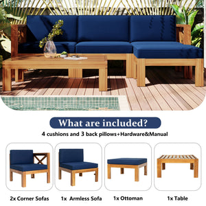 Outdoor Wood Sectional Patio Sofa Set with Blue Cushions - 5-Piece