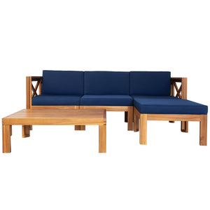 Outdoor Wood Sectional Patio Sofa Set with Blue Cushions - 5-Piece