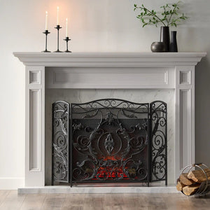 Traditional Floral Iron Fireplace Screen with Ornate Design - Black or Dark Brown