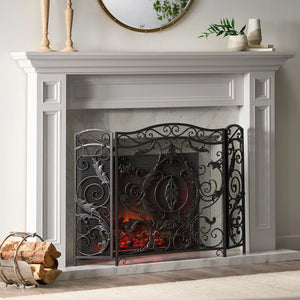 Traditional Floral Iron Fireplace Screen with Ornate Design - Black or Dark Brown