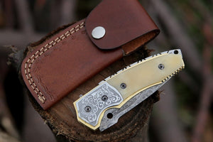 Trailblazer Damascus Pocket Knife with Bone Handle
