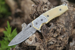 Trailblazer Damascus Pocket Knife with Bone Handle