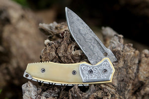 Trailblazer Damascus Pocket Knife with Bone Handle