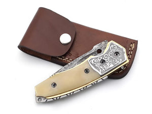 Trailblazer Damascus Pocket Knife with Bone Handle
