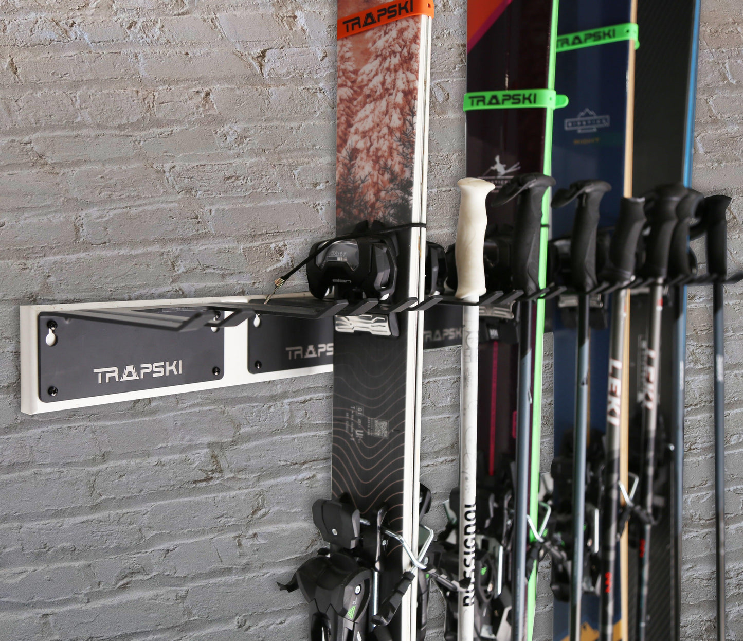 TRAPAWAY Wall Rack | Holds Skis or Snowboard by Bindings | Garage Organizer for Yard Tools, Gear & Equipment | Aluminum | No Moving Parts to break or pinch | Made in the USA - TRAPSKI, LLC